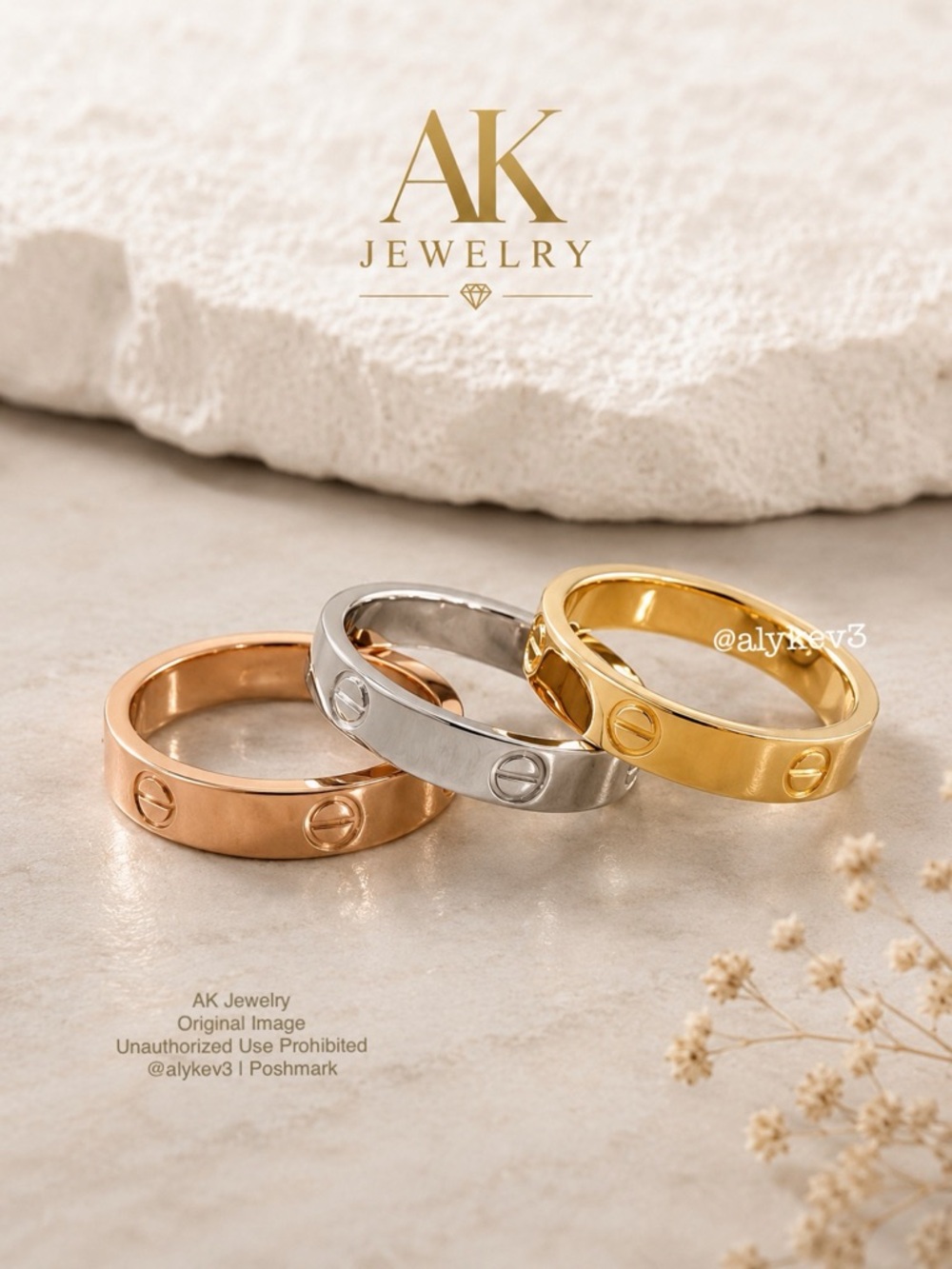 💎Luxury 4mm Set of 3 18K GP Screw Motif Band Ring Over Titanium | AK Jewelry